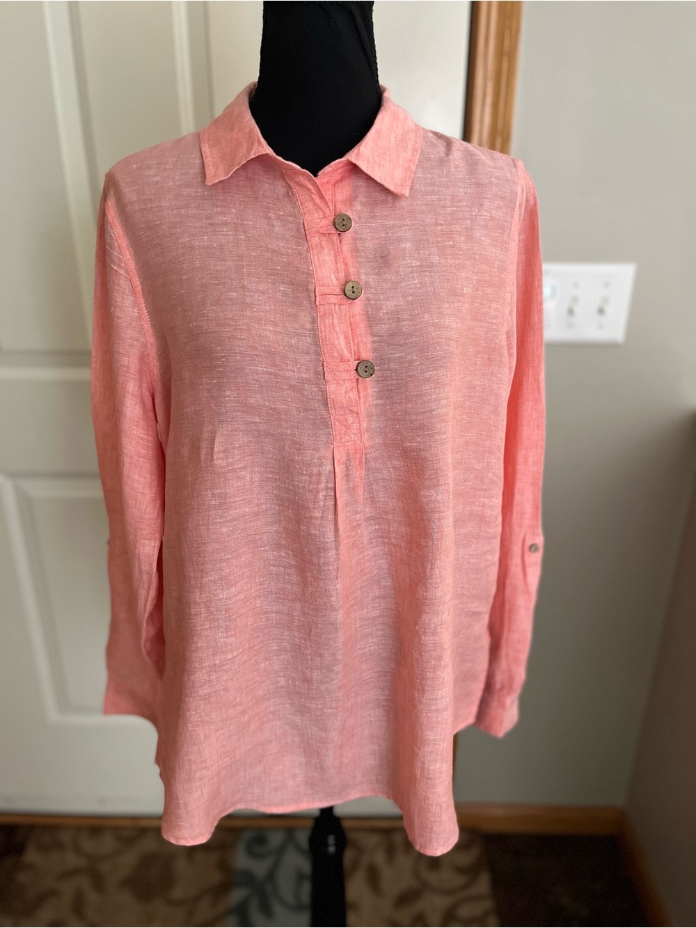 Sigrid Olsen 100% linen coral long sleeve lagenlook tunic blouse shirt. Medium.